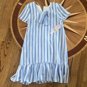 Avec Les Filles Blue and White Striped Tie-Neck Dress